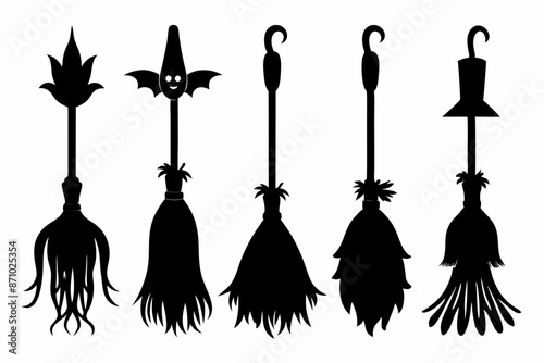 Witch brooms. Set of black silhouettes of brooms isolated on a white background. Vector illustration