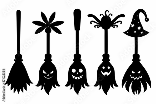 Witch brooms. Set of black silhouettes of brooms isolated on a white background. Vector illustration