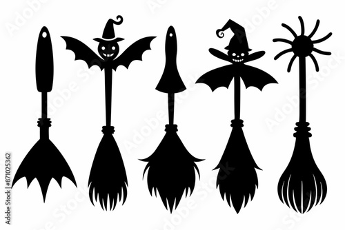 Witch brooms. Set of black silhouettes of brooms isolated on a white background. Vector illustration