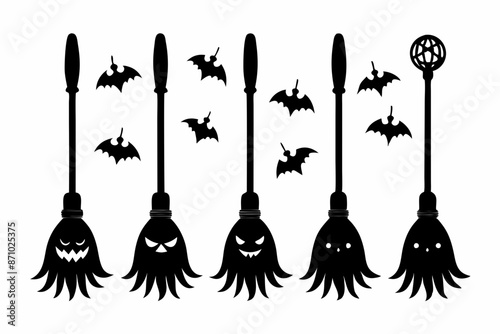 Witch brooms. Set of black silhouettes of brooms isolated on a white background. Vector illustration
