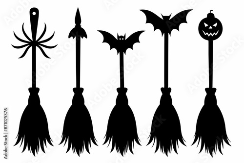 Set of witch brooms for halloween card design on white, stock vector illustration