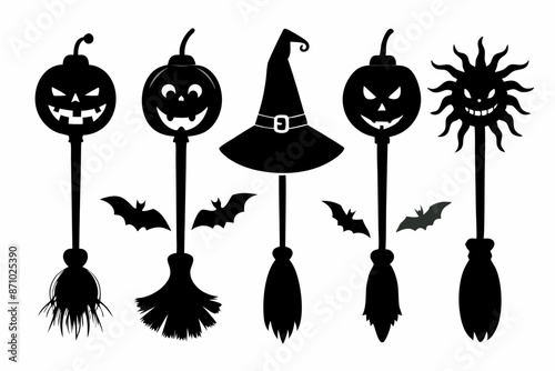 Witch brooms. Set of black silhouettes of brooms isolated on a white background. Vector illustration