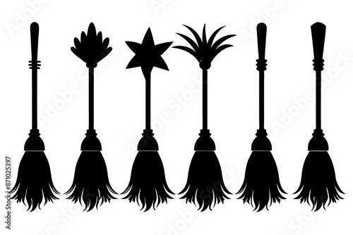 Witch brooms. Set of black silhouettes of brooms isolated on a white background. Vector illustration