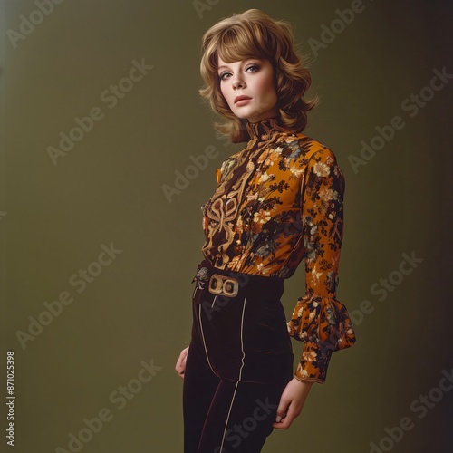Confident young woman in stylish 1970s outfit poses in studio, exuding glamour with trendy hairstyle and vintage charm