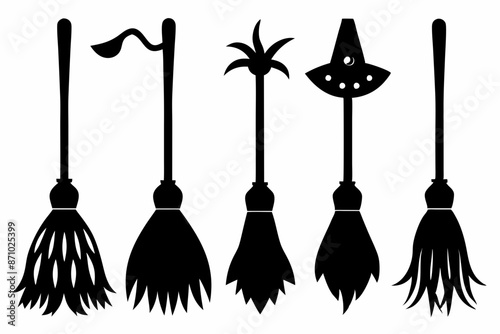Witch brooms. Set of black silhouettes of brooms isolated on a white background. Vector illustration