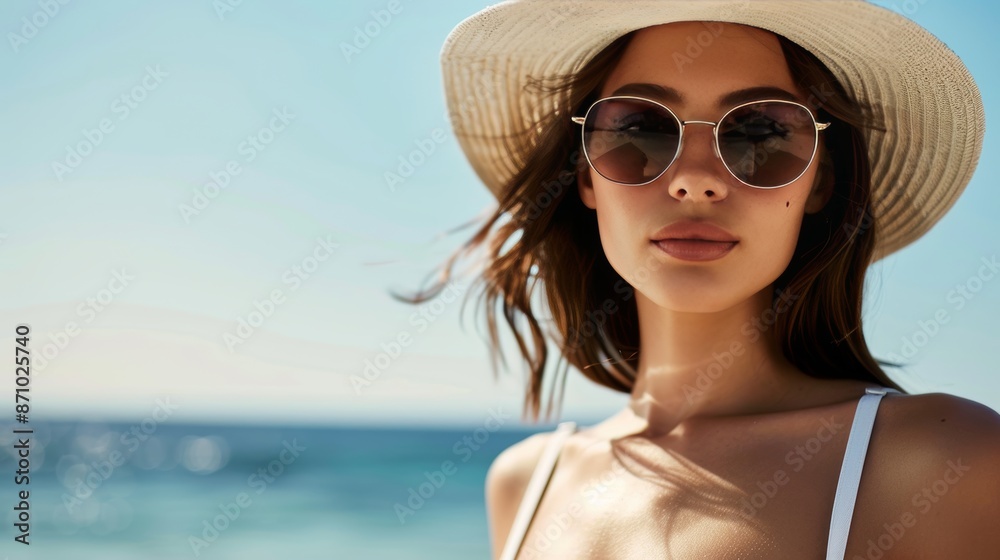 Young woman in hat and sunglasses poses for outdoor fashion photo. Enjoying summer vibes while traveling at the beach. Young woman in hat and sunglasses poses for outdoor fashion photo. Enjoying summer vibes while traveling at the beach.