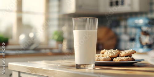 A glass of milk in the background of a kitchen