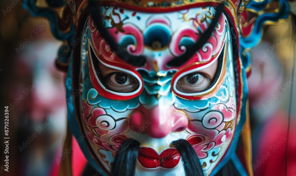 close-up of chinese peking opera mask with symmetrical composition and vibrant colors, intricate patterns, traditional costume details, blurred background of alleyway celebrating dragon boat festival close-up of chinese peking opera mask with symmetrical composition and vibrant colors, intricate patterns, traditional costume details, blurred background of alleyway celebrating dragon boat festival