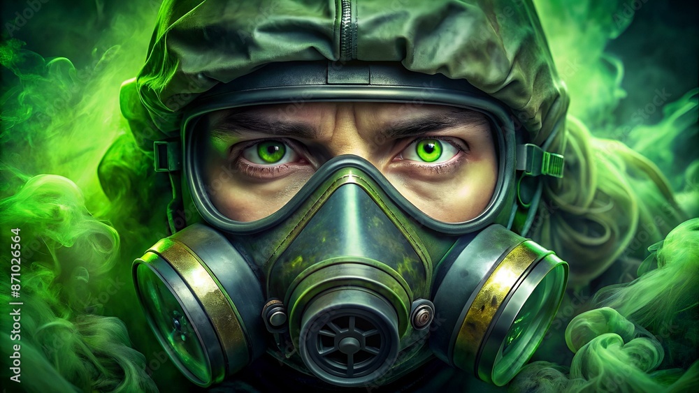 Intense close-up of a person wearing a gas mask, with a focus on the human eyes, amidst swirling green toxic fumes. Intense close-up of a person wearing a gas mask, with a focus on the human eyes, amidst swirling green toxic fumes.