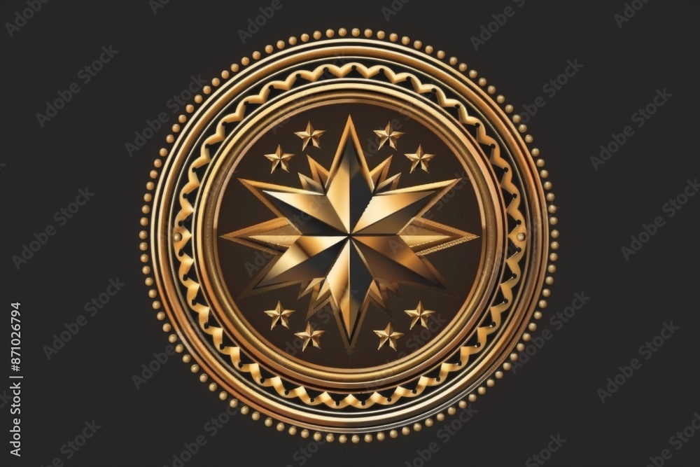 A beautifully designed golden medal featuring a star-shaped centerpiece, surrounded by an ornate decorative border. Perfect for award or achievement recognition. A beautifully designed golden medal featuring a star-shaped centerpiece, surrounded by an ornate decorative border. Perfect for award or achievement recognition.