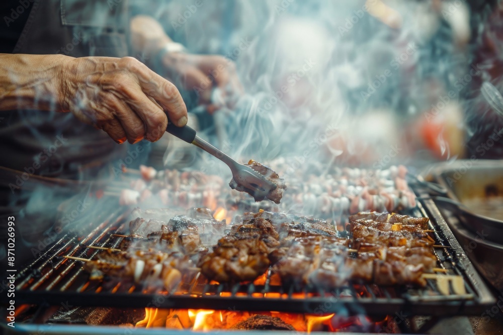 A vendor skillfully preparing a traditional dish on a sizzling grill, filling the air with mouthwatering aromas. A vendor skillfully preparing a traditional dish on a sizzling grill, filling the air with mouthwatering aromas.