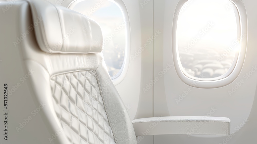 Ultra-luxurious first-class airplane seat with large windows, designed for corporate or leisure travelers, featuring premium comfort and modern aesthetics, ample copy space for promotional use Ultra-luxurious first-class airplane seat with large windows, designed for corporate or leisure travelers, featuring premium comfort and modern aesthetics, ample copy space for promotional use