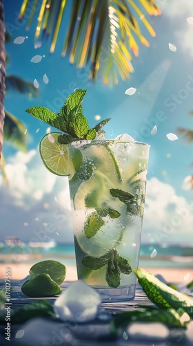 Refreshing mojito cocktail on beachside table with ocean view, summer vacation and relaxation concept