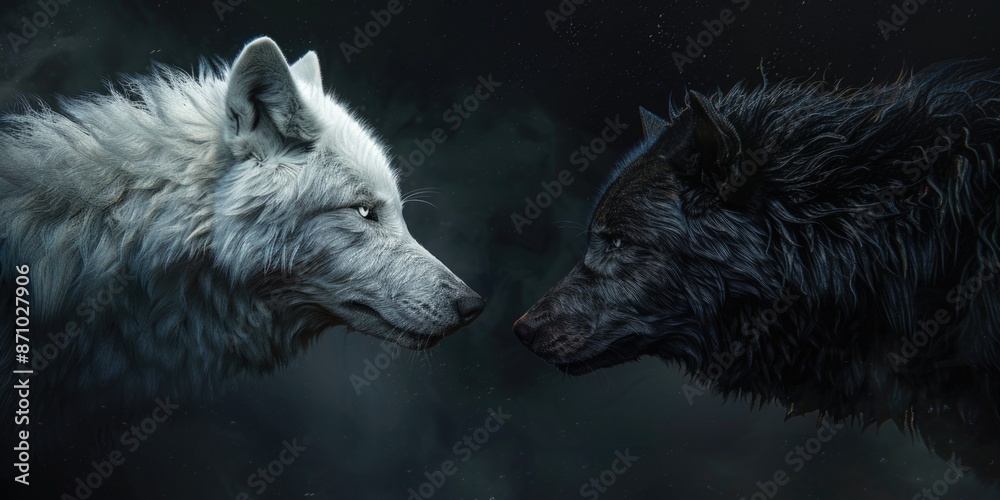 Fototapeta Two wolves, one white and one black, standing face-to-face