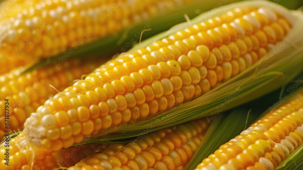 Fresh corn on the cob in a close up shot, ideal for food and agriculture themes Fresh corn on the cob in a close up shot, ideal for food and agriculture themes