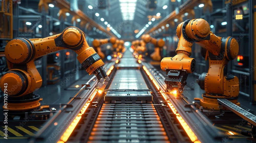 A vibrant illustration of a robotics-enhanced factory, where robots and humans work together in harmony on the production line, emphasizing automation. , Minimalism, A vibrant illustration of a robotics-enhanced factory, where robots and humans work together in harmony on the production line, emphasizing automation. , Minimalism,