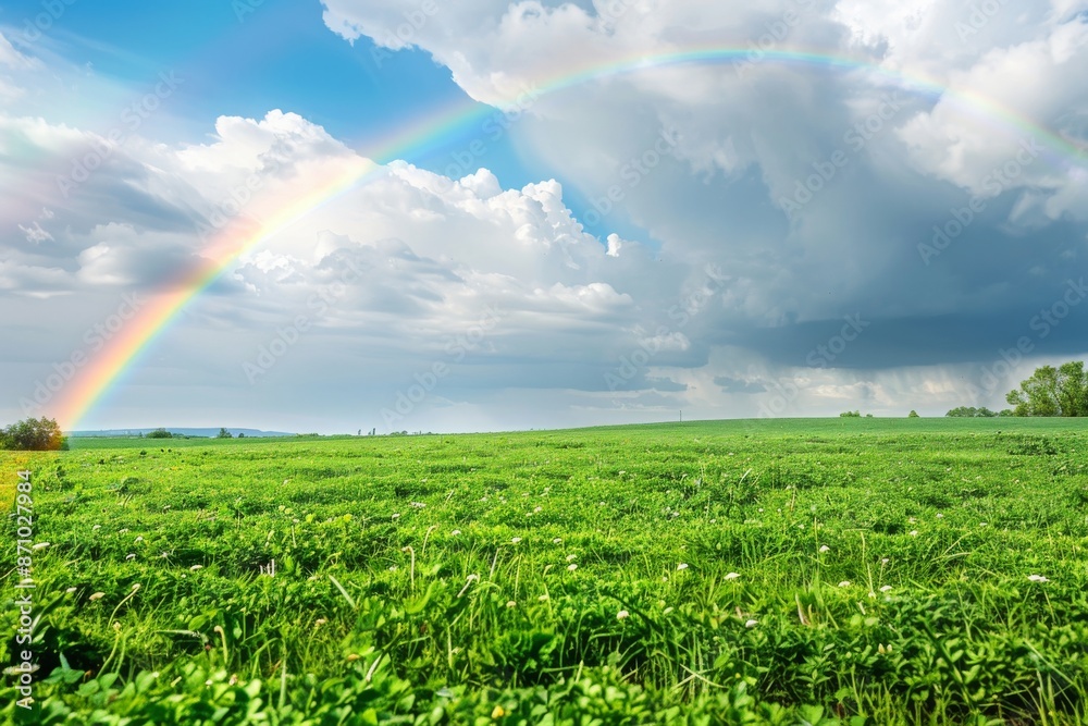 A serene and colorful landscape featuring a lush green field filled with shamrocks, under a majestic rainbow stretching across the sky. Perfect for St. Patrick's Day celebrations!