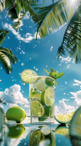 Refreshing summer cocktail with lime and mint under tropical palm trees with blue sky and clouds © iVGraphic