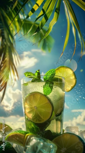 Refreshing mojito cocktail with lime and mint under palm leaves, tropical beverage concept