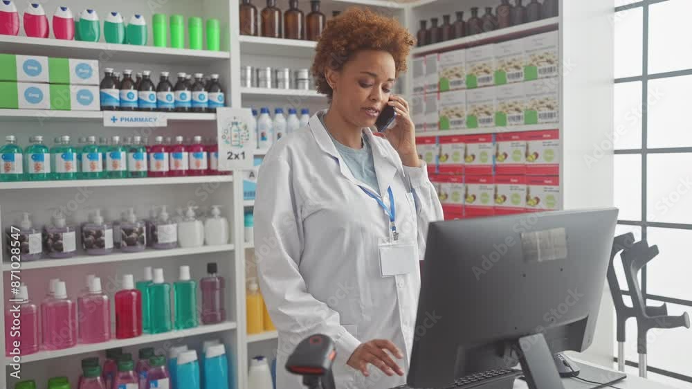 A confident african american female pharmacist consults on the phone in a well-stocked modern pharmacy A confident african american female pharmacist consults on the phone in a well-stocked modern pharmacy