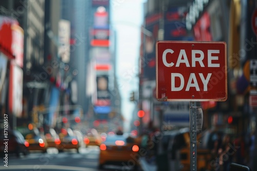 A bold red sign stands out against a bustling cityscape, promoting a car-free day initiative. The white letters are easy to read and grab attention. photo