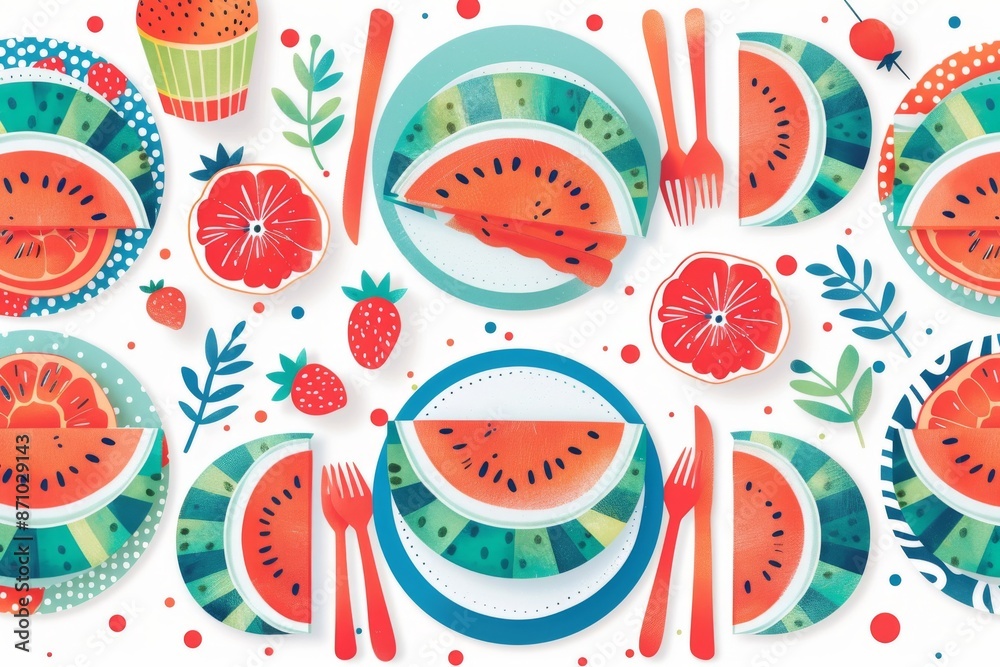 A vibrant watermelon-themed table setting with colorful plates, napkins, and decorations. Illustration on a clear white background --ar 3:2 --style raw Job ID: 18eddd22-a069-4fee-a382-db43c5bdca44 A vibrant watermelon-themed table setting with colorful plates, napkins, and decorations. Illustration on a clear white background --ar 3:2 --style raw Job ID: 18eddd22-a069-4fee-a382-db43c5bdca44
