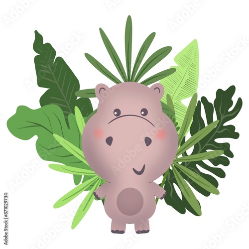 Cute little hippopotamus amongst palm leaves cartoon character
