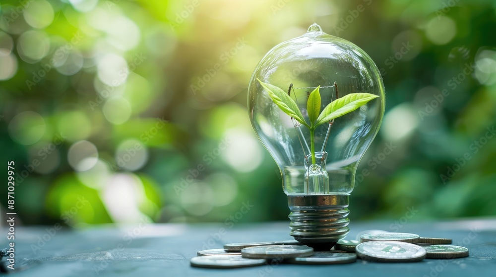 Fototapeta premium Creative investment concept with a plant sprouting inside a light bulb, sitting on savings coins, [plant in light bulb, savings coins], [creative investment solutions]