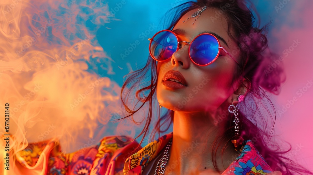Woman in Colorful Sunglasses and Smoke Woman in Colorful Sunglasses and Smoke