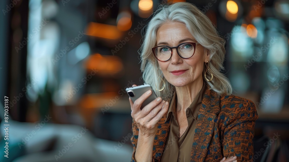 A senior woman with glasses wearing a chic blazer, using a mobile phone indoors in a modern setting, representing elegance, confidence, and contemporary lifestyle. A senior woman with glasses wearing a chic blazer, using a mobile phone indoors in a modern setting, representing elegance, confidence, and contemporary lifestyle.