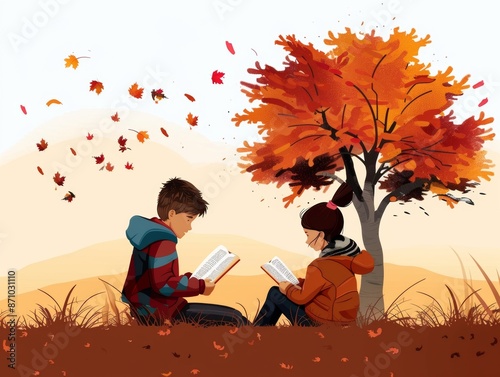 Cozy Autumn Reading Session with Kids - Flat Design Illustration of Children Enjoying Books in Fall Scenery © DDOO