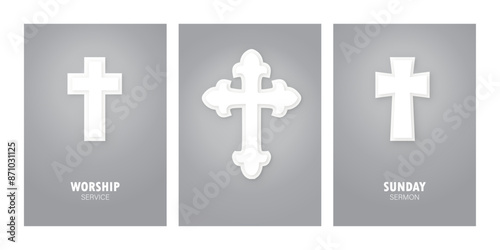 Set of 3d cross page template, christianity symbol crucifix cross in grey background vector