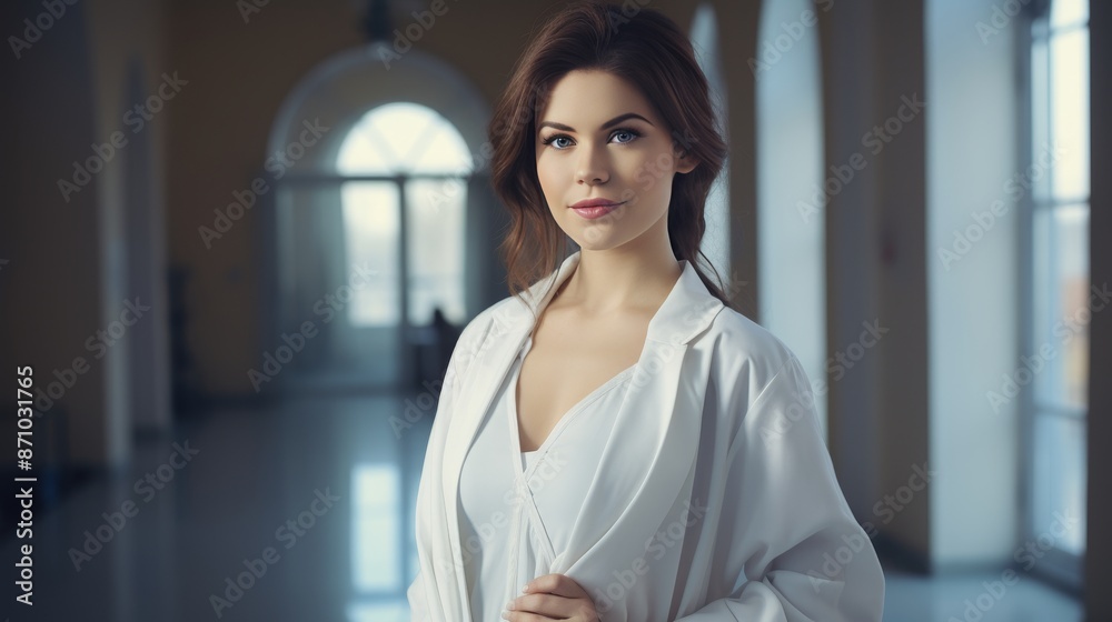 A woman in a white jacket stands in a hallway. She is smiling and looking at the camera A woman in a white jacket stands in a hallway. She is smiling and looking at the camera