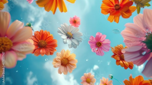 A bouquet of colorful flowers suspended in mid-air with no visible support