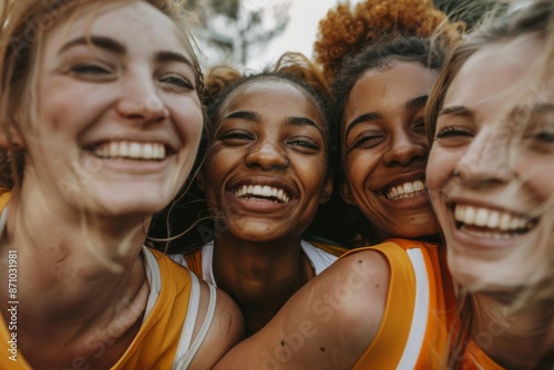 A close-up photo of four diverse female basketball athletes, each with unique hairstyles, smiling brightly after a successful game photo