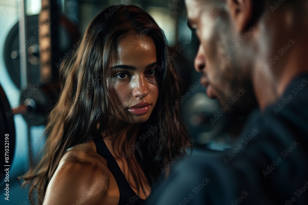 A close-up photograph of a fit woman and her trainer lifting weights in a gym. The woman is focused on the exercise, while the trainer watches her intently