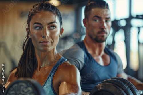 A close-up photo of a sporty, attractive woman and a muscular man lifting weights together in a modern gym. The woman is focused on her workout, while the man watches her intently photo