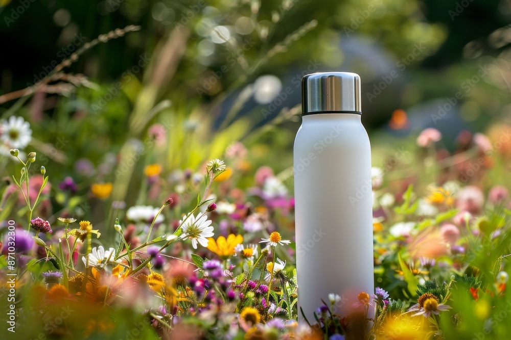 A white stainless steel thermo bottle stands upright amidst a colorful bed of summer wildflowers A white stainless steel thermo bottle stands upright amidst a colorful bed of summer wildflowers