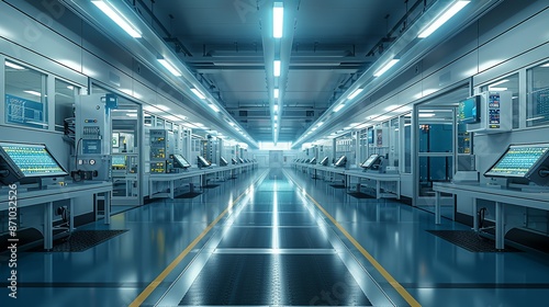 An illustration of a semiconductor manufacturing facility with clean rooms, photolithography machines, and wafer processing lines, highlighting high-tech production. , Minimalism,