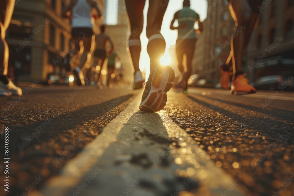 Fototapeta premium Runners in a city street race on a paved road as the sun sets in the background