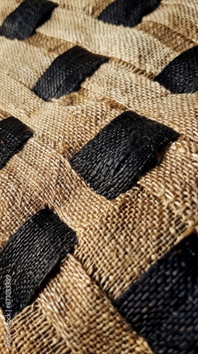 Close-up of textured woven fabric with black accents, abstract background. Artistic textile pattern concept
