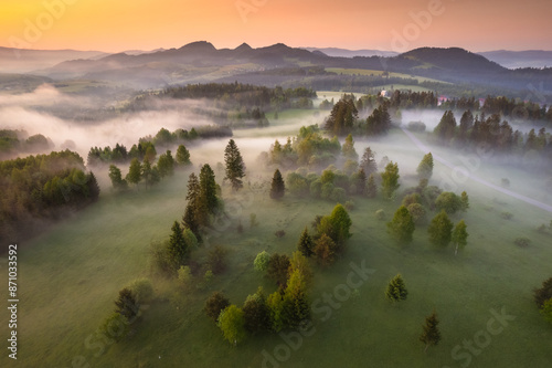 Fototapeta Naklejka Na Ścianę i Meble -  Misty morning in Pieniny Mountains during summer sunrise