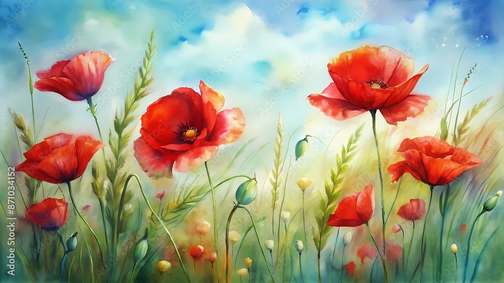 Obraz premium Vibrant red poppy flowers with delicate, papery petals and golden centers bloom in a lush green meadow, surrounded by gentle, swaying grasses under a blue sky.