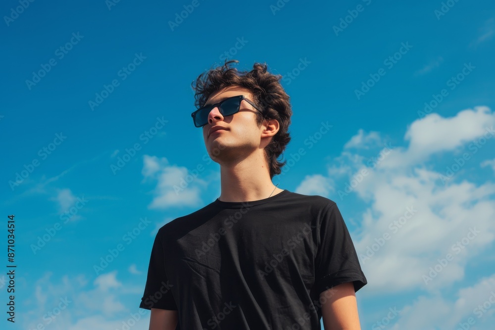 A dynamic, low-angle photograph of a young man wearing sunglasses and a black t-shirt mockup. He is standing in front of a clear blue sky with white clouds A dynamic, low-angle photograph of a young man wearing sunglasses and a black t-shirt mockup. He is standing in front of a clear blue sky with white clouds
