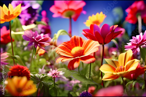 In a dazzling 3D world, a kaleidoscope of flowers explodes in the foreground. Petals shimmer with vibrant hues, and pollen dances in the virtual breeze, a captivating display of nature's digital artis photo