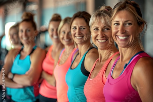 A group of middle-aged women, dressed in vibrant sportswear, smile confidently in a well-equipped fitness center