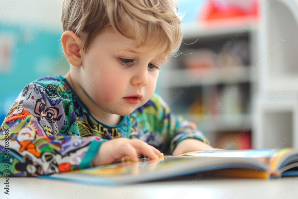 Adorable young child reading a book at a table during an indoor photo shoot Adorable young child reading a book at a table during an indoor photo shoot