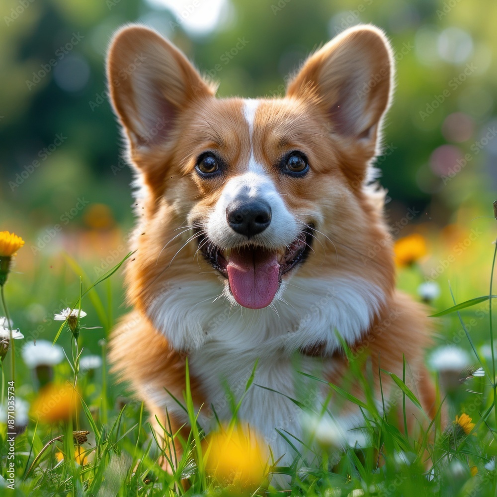 Happy Corgi Dog Lying on Grass. Generative ai. Happy Corgi Dog Lying on Grass. Generative ai.