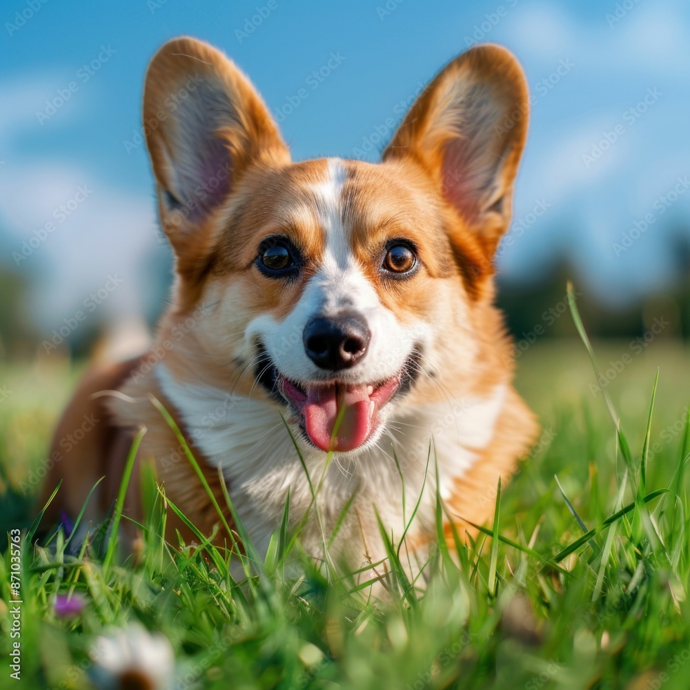 Happy Corgi Dog Lying on Grass. Generative ai. Happy Corgi Dog Lying on Grass. Generative ai.
