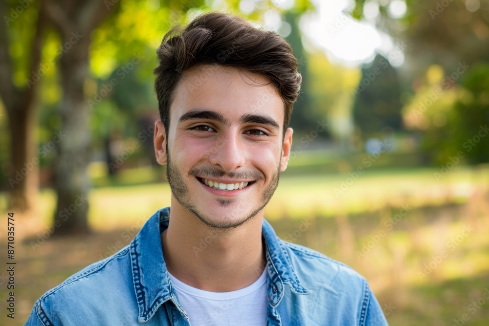 close-up of a happy young man staring at the camera while wearing a denim jacket close-up of a happy young man staring at the camera while wearing a denim jacket